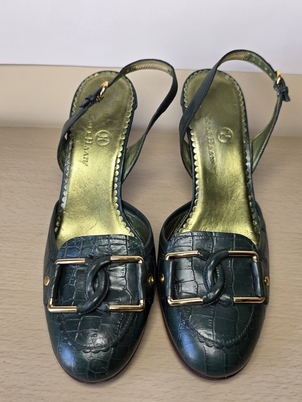 Cole Haan Green Croc-Embossed Slingback Heels Gold Buckle Quiet Luxury Coquette